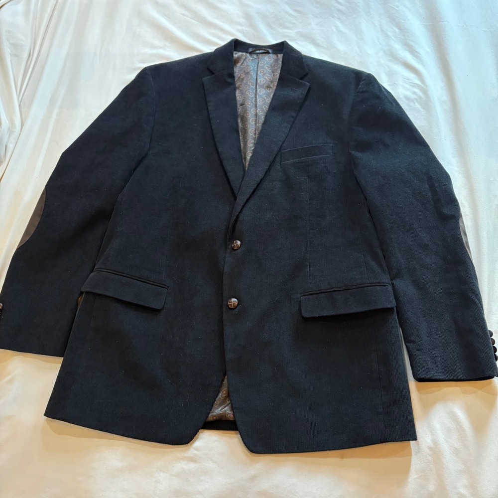 Chaps Mens Black Corduroy Blazer Jacket Brown Elbow Patches 46L Classic